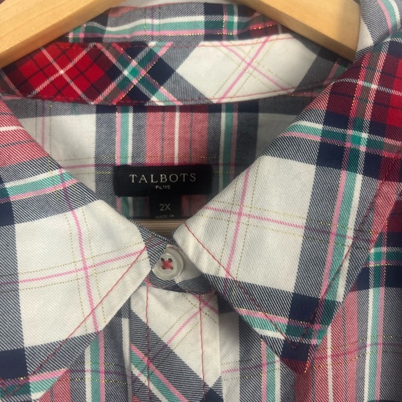 New Talbots Festive Party Plaid Button Front Blouse, metallic Ladies Size 2x - Picture 2 of 5
